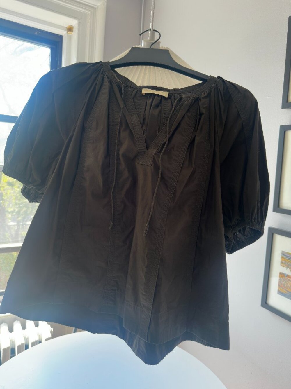 Ulla Johnson Charcoal Cotton Puff Sleeve Blouse Pintuck Stitching Tie Neck